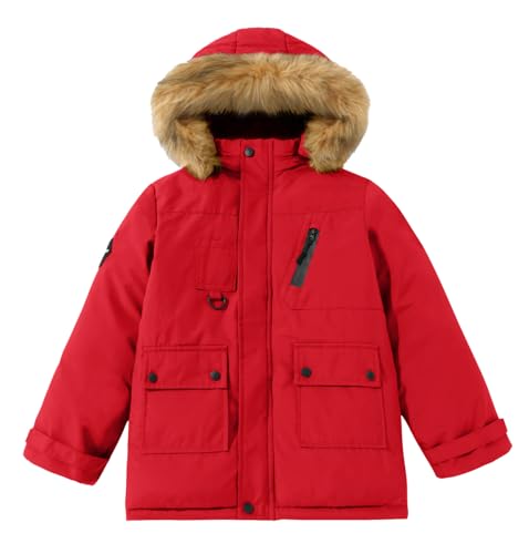 Happy Cherry Kinder Jungen Winterjacke Lange mit Abnehmbare Kapuze Wintermantel Winddicht Outdoorjacke Warm Verdickte Parka Jacke Rot 5-6 Jahre 120 von Happy Cherry