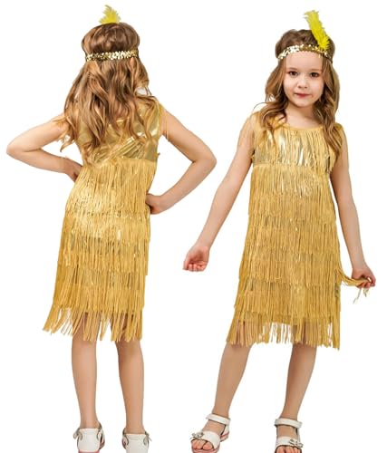 Happy Cherry Kinder Latein Tanz Fransenkleid Mädchen Quaste Tanz Kleidung für Samba Tango Salsa Glitzer Performance Fransen Kleid mit Stirnband 7-9 Jahre von Happy Cherry