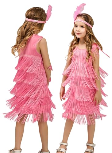 Happy Cherry Kinder Latein Tanz Fransenkleid Mädchen Quaste Tanz Kleidung für Samba Tango Salsa Glitzer Performance Fransen Kleid mit Stirnband 7-9 Jahre von Happy Cherry