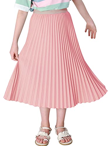 Happy Cherry Kinder Mädchen Hohe Taille Faltenrock Lässig A-Linie Knielang Rock Elegant Swing Flowy Rock Elastische Taille Lange Röcke Rosa 120 von Happy Cherry
