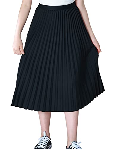 Happy Cherry Kinder Mädchen Hohe Taille Faltenrock Lässig A-Linie Knielang Rock Elegant Swing Flowy Rock Elastische Taille Lange Röcke Schwarz 120 von Happy Cherry