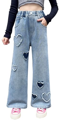 Happy Cherry Kinder Mädchen Jeanshosen Weites Bein Jeans Elastische Taille Baumwoll Denim Hose Lässige Baggy Jeans Hose Mittlere Taille 140 von Happy Cherry