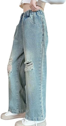 Happy Cherry Kinder Mädchen Jeanshosen Zerrissen Weites Bein Jeans Elastische Taille Baumwoll Denim Hose Lässige Baggy Jeans Hose Mittlere Taille 140 von Happy Cherry