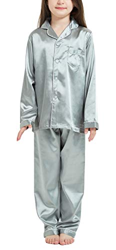 Happy Cherry- Kinder Mädchen Jungen Nachtwäsche Set Satin Loungewear Sommer Pyjamas mit Taschenrevers Lässige Elastische Taille Langarmhemd Hosen Knopf Unten - 10-11 Jahre - Grau von Happy Cherry