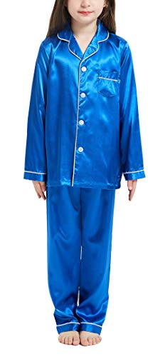 Happy Cherry- Kinder Mädchen Jungen Nachtwäsche Set Satin Outfits Loungewear Baby Sommer Coole Pyjamas mit Taschenrevers Lässige Elastische Taille- Blau - 4-5 Jahre von Happy Cherry