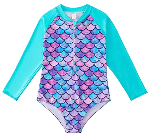 Happy Cherry Kinder Mädchen Meerjungfrau Badeanzüge Einteilige Sommer Swimsuit mit Reißverschluss Lange Ärmel Surfanzug Schnell Trocknende Bademode 120 von Happy Cherry