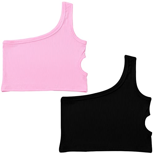 Happy Cherry Kinder Mädchen One Shoulder Tanktops 2er Pack Tanz Tank Top Racerback Ärmelloses Bauchfreie Oberteile Kurze Sommerweste von Happy Cherry