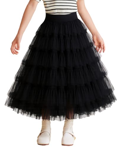 Happy Cherry Kinder Mädchen Tüllrock Langer Layered Mesh Faltenrock Elegant Swing Freizeitrock Elastischer Hoher Bund Maxiröcke Schwarz 120 von Happy Cherry