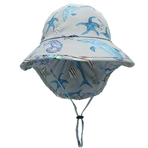 Happy Cherry Kinder Sonnenhut mit Nackenschutz Mütze UV Schutz Baby Sommerhut Breite Krempe Hut Sommer Outdoor Wandern Unisex Elastischer Kopfumfang 54-56 cm Grau Seestern von Happy Cherry