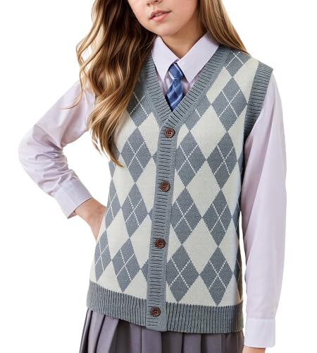 Happy Cherry Kinder Strickweste V-Ausschnitt Pullunder Comfort Fit Baumwolle Weste Top Ärmellos Sweatshirt Kleinkind Outfit Schuluniform Freizeit Party 130 cm von Happy Cherry