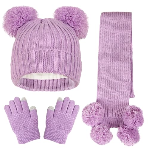 Happy Cherry Kinder Unisex Strickmütze Schal Handschuhe 3 in 1 Set Feinstrick Beanie Hut Winter Kindermütze Handschuhe Warme Schal Set für Kinder 4-10 Jahre von Happy Cherry