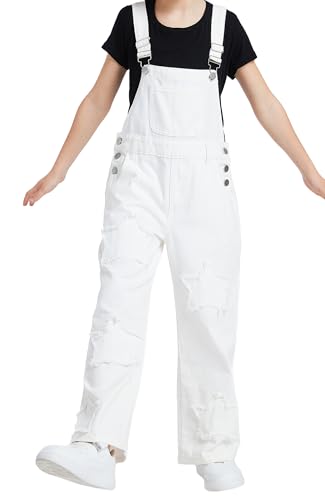 Happy Cherry Kinder Weiß Latzhosen Jungen Mädchen Denim-Latzhose Verstellbare Hosenträger Jumpsuits Mode Ärmellose Einteilig Lange Jeans Overalls 10-11 Jahre von Happy Cherry