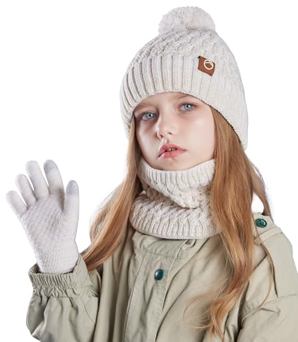 Happy Cherry Kinder Winter Dicke Gestrickter Mütze Strick Schal Warm Handschuhe Set mit Fleecefutter Fellbommel für Kinder 4-10 Jahre von Happy Cherry