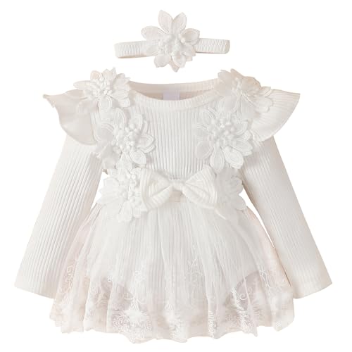 Happy Cherry - Kleid Mädchen Babys Spitzen Blumen mit Stirnband Baumwoll Kleider Prinzessinnen mit Langen Ärmeln für Hochzeit Party Taufe für Frühling Herbst Winter - 9-12 Monate - Weiß von Happy Cherry