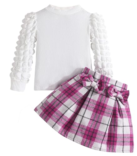 Happy Cherry Kleinkinder Mädchen Herbst Winter Outfits Puffärmel Pullover Top + Rosa Karierter Minirock Set mit Schleife Niedlich Bekleidungsset 2-3 Jahre von Happy Cherry