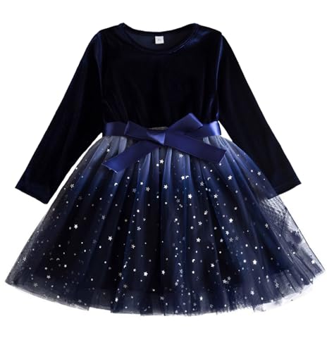 Happy Cherry Langarm Blau Samt Tüllkleider für Mädchen Pailletten Winter Weihnachtskleid Kleinkind Elegant Prinzessin Kleider 3-4 Jahre von Happy Cherry