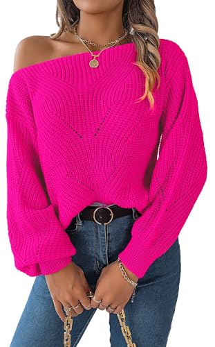 Happy Cherry Langarm Hohl Out Pullover für Frauen Casual Pullover Pullover Frühling Herbst Lose Pullover Einfarbig Elegant Büro Pullover Top Rosenrot L von Happy Cherry