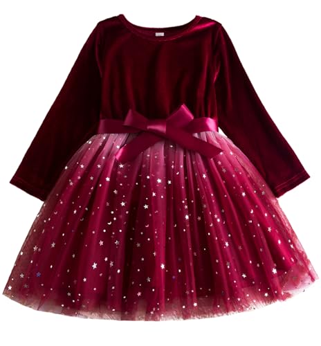 Happy Cherry Langarm Rot Samt Tüllkleider für Mädchen Pailletten Winter Weihnachtskleid Kleinkind Elegant Prinzessin Kleider 3-4 Jahre von Happy Cherry
