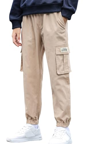 Happy Cherry - Lange Hose für Jungen Teenager Cargohose Hip Hop Kinder Freizeithose mit Elastischem Bund Hose Cargo Jogginghose Baumwolle für Sommer Frühling Herbst - 14-16 Jahre - Khaki von Happy Cherry