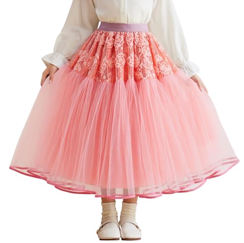 Happy Cherry - Langer Rock Mädchen Elegantes Maxi Karnevalsröcke mit Tüll Prinzessinnen Lange Tüllrock Kinder für Party Hochzeits Maxirock für Herbst Frühling Sommer Winter - 104-110 - Rosa von Happy Cherry