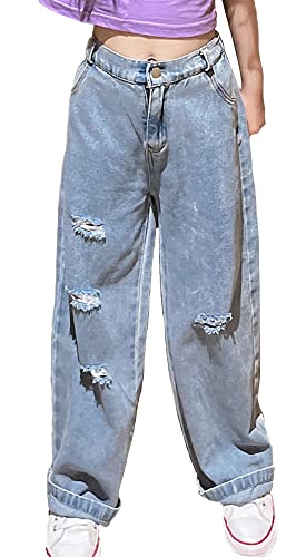 Happy Cherry Löcher Denim Jeans Mädchen Kinder Sommer Elastische Hohe Taille Hose mit Taschen 160 für 11-12 Jahre von Happy Cherry