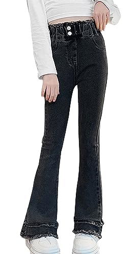 Happy Cherry Mädchen Ausgestellte Hose Kinder Jeanshosen Hoher Taille Schlaghose Bodenlanges Flared Pants Skinny Retro Schwarz Denim Hose 140 von Happy Cherry