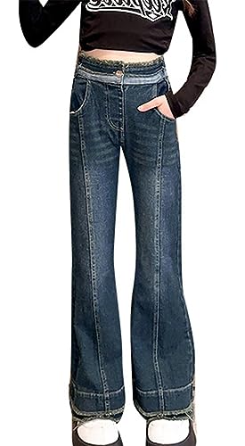 Happy Cherry Mädchen Ausgestellte Hose Kinder Jeanshosen Hoher Taille Schlaghose Bodenlanges Geschlitztes Flared Pants Skinny Retro Blau Denim Hose 140 von Happy Cherry