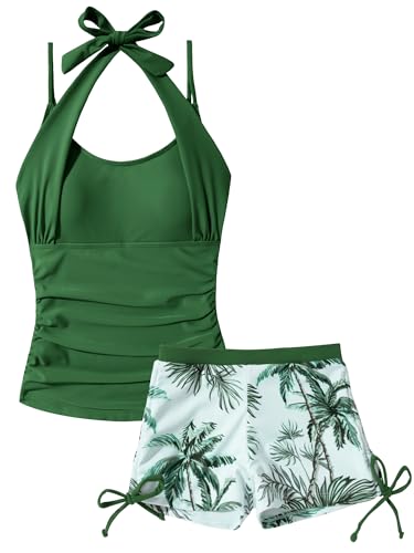 Happy Cherry Mädchen Badeanzug 2-teilig Tankini mit Trägern Bedruckte Badeshorts mit Kordelzug Kinder Bademode Teenager Badekleid Sommer Strand Grün 15-16 Jahre von Happy Cherry