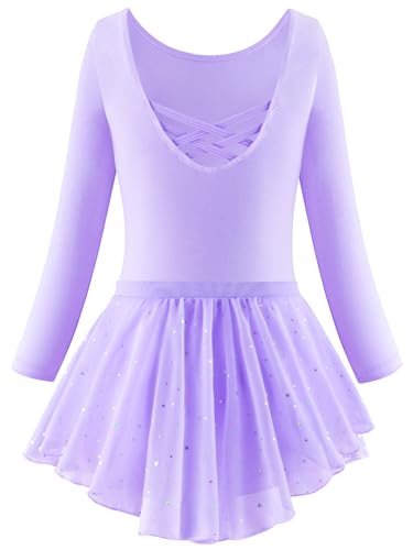 Happy Cherry Mädchen Ballett Anzug Bikerts Kind Glänzende Trikots Set mit Mesh Rock Stretch Langarm Tanz Outfit Einteilige Activewear 2-Pack Lila 8-9 Jahre von Happy Cherry