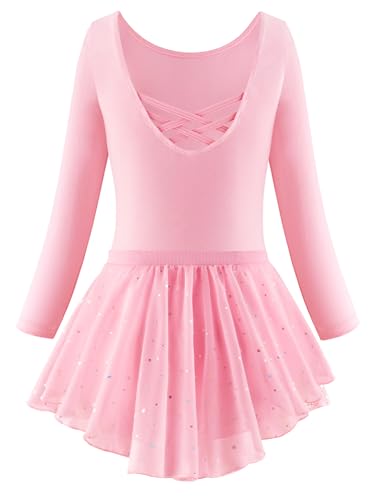 Happy Cherry Mädchen Ballett Anzug Bikerts Kind Glänzende Trikots Set mit Mesh Rock Stretch Langarm Tanz Outfit Einteilige Activewear 2-Pack Rosa 6-7 Jahre von Happy Cherry