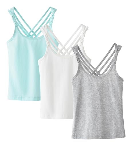 Happy Cherry Mädchen Baumwolle Unterhemd Überkreuzte Spaghettiträger Top Einfarbig Atmungsaktive Camisole Unterhemden 3er Pack, Grau+Weiß+Grün, 140/7-8 Jahre von Happy Cherry