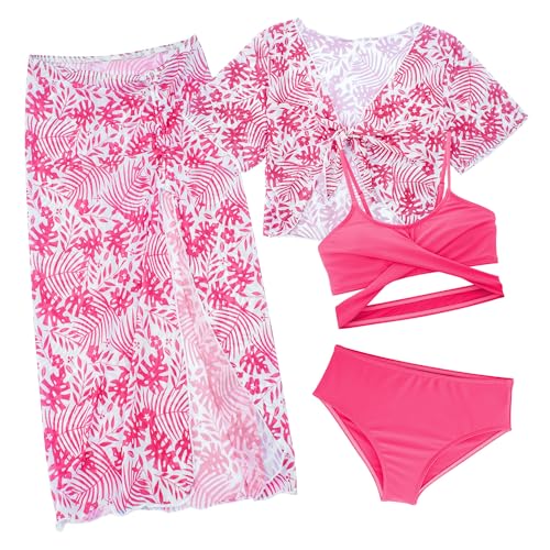 Happy Cherry Mädchen Bikini Set 4 Stück Teen Badeanzug Kinder Bademode mit Cover Up Separate Badebekleidung mit Abnehmbaren BH Pads Schnell Trocknend Badeanzüge 8-9 Jahre von Happy Cherry