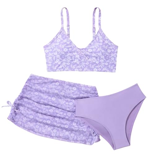 Happy Cherry Mädchen Bikini Sets 3er Kinder Blumendruck Badeanzug Sommer Bademode Set mit Rock Teenager Strand Badeanzüge Bikinis Rückenfrei Badebekleidung Lila 130 von Happy Cherry