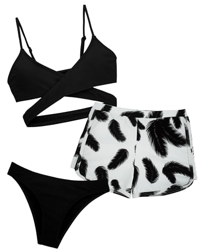 Happy Cherry - Mädchen Bikini Tankini Sets Teenager für Schwimmen Strand Surfen Badeanzug Sommer Bademode Schwimmanzug-Set Badebekleidungsset UV-Schutz Bikini-Oberteil Slip Hosen - 8-9 Jahre - Schwarz von Happy Cherry