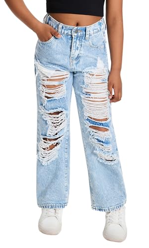 Happy Cherry Mädchen Blau Ripped Jeans mit Gummibund Kinder Weites Bein Zerrissen Jeanshosen Lässige Baggy Retro Denim Hose 140 von Happy Cherry