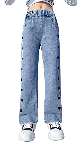 Happy Cherry- Mädchen Denim Hose Lange Hose Baumwolle Jeanshose Breites Bein Jeans Straight Leg Pants mit Elastischer Bund Kinder Vintage Gerade Hose Wide Leg Jeans Freizeithose für Alle Jahreszeiten von Happy Cherry