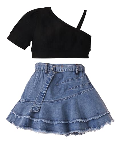 Happy Cherry Mädchen Eine Schulter Crop Top mit Denim Rock Set Kinder Sommer Bekleidungssets Mode Kurzarm T-Shirt Kleidung Sets Zweiteilig Outfits 5-6 Jahre Schwarz von Happy Cherry