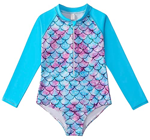 Happy Cherry Mädchen Einteiler Langarm Badeanzug Sonnenschutz Meerjungfrau Badeanzüge Kinder Hawaii Strand Bademode Rash Guard Schnorchelanzug Floral Schwimmanzug 110 von Happy Cherry