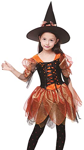 Happy Cherry Mädchen Hexenkostüm Kleid mit Hut Kinder Zauberer Verkleiden Kostüm Hexe Cosplay Kostüm Halloween Karneval Party Hexenkleid von Happy Cherry