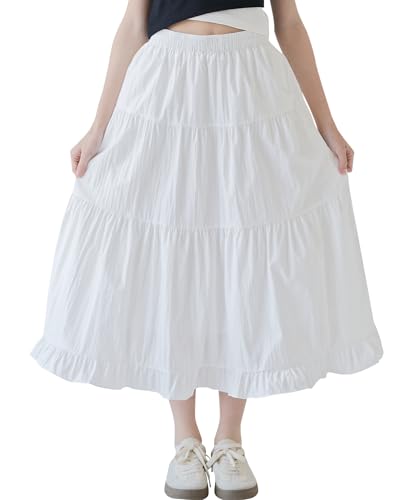 Happy Cherry Mädchen Hohe Taille Lange Maxirock Einfarbiger Boho Plisseerock Strandrock A-Line Sommerrock Lässig Großer Saum Midi Rock Weiß 160 von Happy Cherry