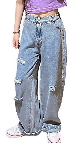 Happy Cherry Mädchen Jean Hosen Loch Denim Blau Jeans Vintage Hose mit weitem Bein für Kinder 10-11Jahre von Happy Cherry