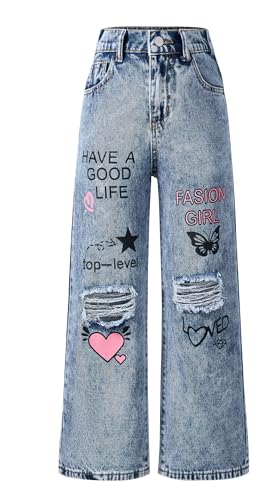 Happy Cherry Mädchen Jean Hosen Loch Denim Jeans Hohe Taille Baggy Vintage Freizeithose mit weitem Bein für Kinder Fit 11-12 Jahre von Happy Cherry