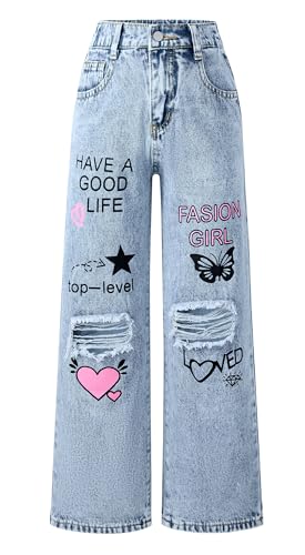 Happy Cherry Mädchen Jean Hosen Loch Denim Y2K Hose Kinder Vintage Jeans mit Weitem Bein Casual Loose Straight Jeanshosen 13-14 Jahre von Happy Cherry