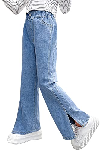 Happy Cherry- Mädchen Jean Hosen Weites Bein Baumwolle Mittlere Taille Freizeithose Baggy Elastischer Bund Streetwear Vintage Bequeme Split-Jeans Kinder Weite Hellblau von Happy Cherry