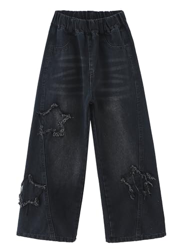 Happy Cherry Mädchen Jeans Hose Loose Fit Denim Lange Hose mit Dehnbund Baggy Pants Breites Bein Modische Outfits 160cm/12-13 Jahre von Happy Cherry