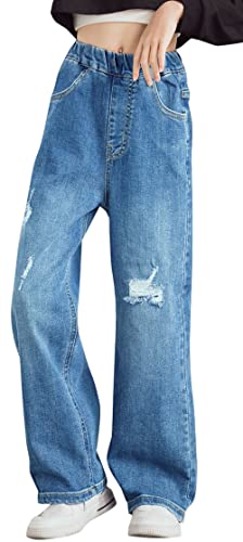 Happy Cherry Mädchen Jeans Hose Straight Leg Hose Lange Jeanshose Locker Schlaghose mit Gummizug Sommer Frühling Herbst Hose Etikett Nr. 140 für 8-9 Jahre von Happy Cherry