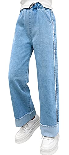 Happy Cherry Mädchen Jeans Hose Straight Leg Hose Lange Jeanshose Locker Schlaghose mit Gummizug Sommer Frühling Herbst Hose Etikett Nr. 160 für 11-12 Jahre von Happy Cherry