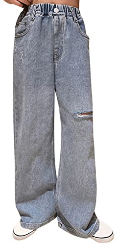 Happy Cherry Mädchen Jeans Hose Straight Leg Hose Lange Jeanshose Locker Schlaghose mit Gummizug Sommer Frühling Herbst Hose Etikett Nr. 160 für 11-12 Jahre von Happy Cherry