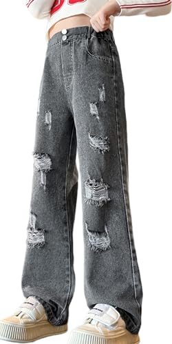 Happy Cherry Mädchen Jeans weites Bein Mode Lässige Zerrissene Jeans Hohe Taille Elastische Denim weite Hose mit Taschen für Kinder 5-15 Jahre, 03- Dunkelgrau, 13-15 Jahre von Happy Cherry