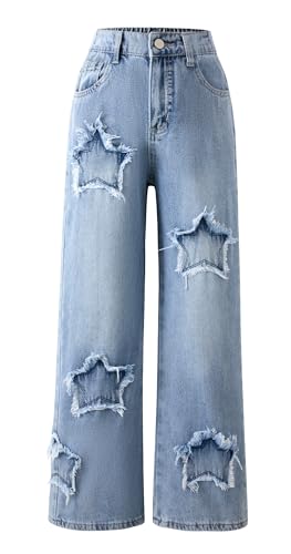 Happy Cherry Mädchen Jeanshosen Mittlere Taille Weiter Beinschnitt Jeans Kinder Baggy Vintage Blau Denim Freizeithose 140 von Happy Cherry